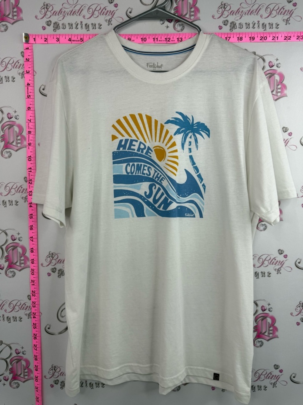 Far west White Graphic Tee with Blue Waves and Gold Sun, casual, summer, beach